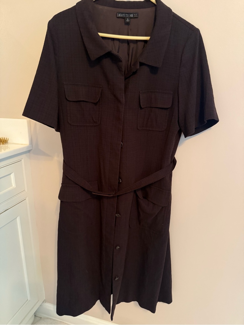 Lafayette 148 New York Dark Brown Short Sleeve Midi Shirt Dress